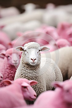 A pink sheep among white sheep, AI generated