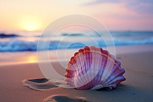 A pink shell on a sandy beach at sunset