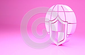 Pink Shield with world globe icon isolated on pink background. Insurance concept. Security, safety, protection, privacy