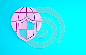 Pink Shield with world globe icon isolated on blue background. Insurance concept. Security, safety, protection, privacy