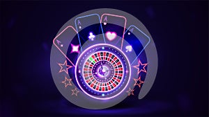 Pink shine neon Casino Roulette wheel with playing cards in dark empty scene