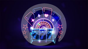 Pink shine neon Casino Roulette wheel with playing cards in dark empty scene