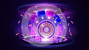 Pink shine neon Casino Roulette wheel with playing cards, poker chips and hologram of digital rings in dark empty scene