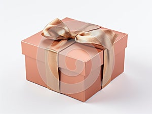 pink shiny Gift box with golden ribbon isolated on white background seen frontally and red