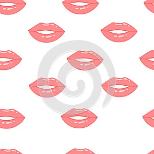 Pink shiny lips are painted with lipstick. Vector seamless pattern with pink lips.
