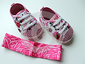 Pink shoes with pink headband for new born baby girl