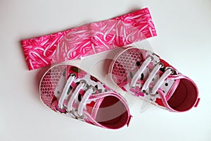 Pink shoes with pink headband for new born baby girl