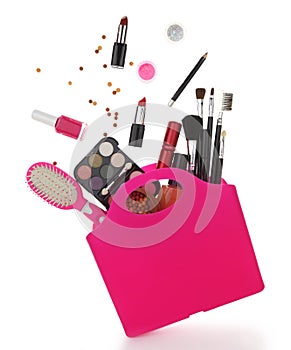 Pink shopping bag with various cosmetics