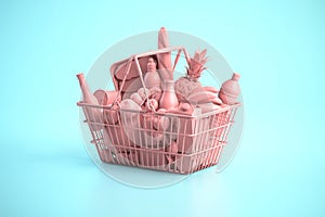 Pink shopping basket with pink food on blue background. Food buyng online and delivery