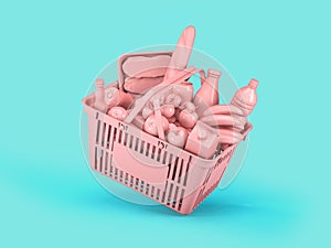 Pink shopping basket with pink food on blue background. Food delivery