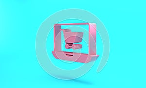 Pink Shopping cart on screen laptop icon isolated on turquoise blue background. Concept e-commerce, e-business, online
