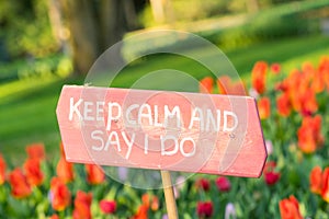 Pink sign in a bed of red tulips saying