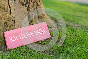 Pink sign at the foot of a tree saying `I love you` in German