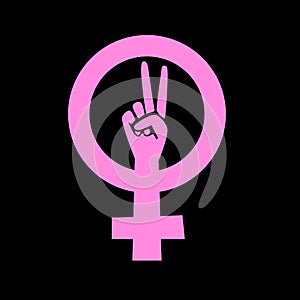 Pink sign with hand. Feminism. Raised hand vector illustration. Women`s rights. Women`s day. Health care, medicine. Feminism ico