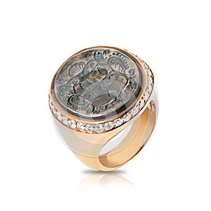 Pink signet ring with diamonds inlaid with an old coin