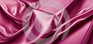 Pink silk satin fabric background. Wavy soft folds of pink fabric. Shiny fabric surface