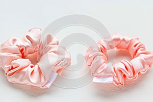 pink silk Scrunchy isolated on white background. Hairdressing tool of Colorful Elastic Hair Band, Bobble Scrunchie