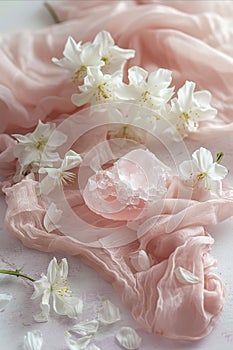 Pink silk and white flowers on a table