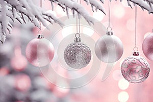 Pink and silver Christmas baubles hanging from tree