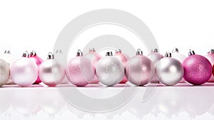 Pink and silver christmas baubles isolated on white background. Generative AI