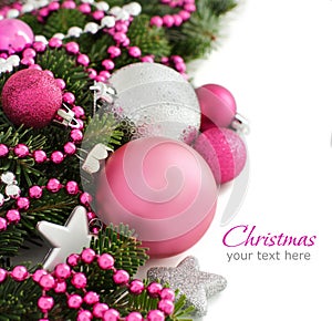 Pink and silver Christmas ornaments border