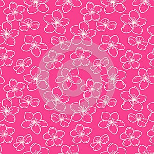 Pink simple seamless pattern with artistic contour silhouette flowers. Vector hand drawn sketch. Abstract lines floral ornament.