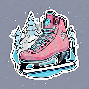 pink skates standing on the ice, winter atmosphere, sport