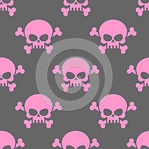 Pink skull on a grey background seamless pattern. Head of skele