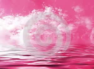 Pink sky with clouds reflected in the abstract fantasy water