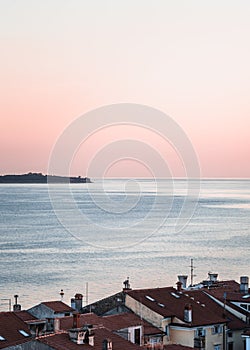 Pink sky of the seaside town of Piran, Slovenia