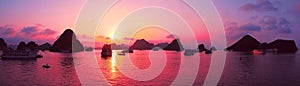 Pink sky, sunset. Panorama of Halong Bay, Vietnam