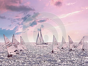 Pink sky and white boat with smaller sails around it