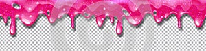 Pink slime vector glitter background, liquid dripping texture seamless border cartoon sticky toxic goo.