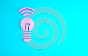 Pink Smart light bulb system icon isolated on blue background. Energy and idea symbol. Internet of things concept with