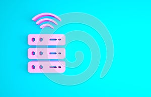Pink Smart Server, Data, Web Hosting icon isolated on blue background. Internet of things concept with wireless
