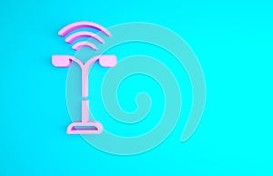 Pink Smart street light system icon isolated on blue background. Internet of things concept with wireless connection