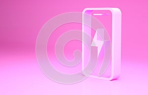 Pink Smartphone charging battery icon isolated on pink background. Phone with a low battery charge. Minimalism concept