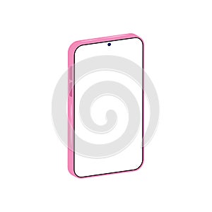 Pink smartphone rotated position with white blank screen. Perspective view cell phone. Isolated on white background