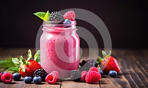Pink Smoothie With Berries and Mint on Wooden Table