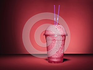 Pink smoothie on red - Stock Image