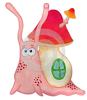 Pink snail cartoons. A snail with a mushroom on its back.
