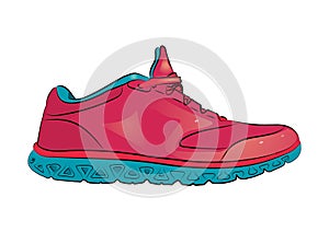 Pink sneaker with blue sole on a white background. Vector illustration.