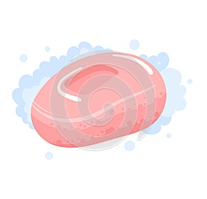 Pink soap bar with foam bubbles. Cleanliness and hygiene concept. Personal care product vector illustration.