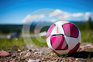 Pink soccer ball for women\'s soccer on the stadium field. Banner for match, sporting goods