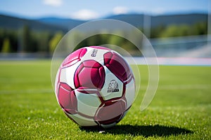 Pink soccer ball for women\'s soccer on the stadium field. Banner for match, sporting goods