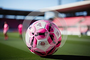 Pink soccer ball for women\'s soccer on the stadium field. Banner for match, sporting goods