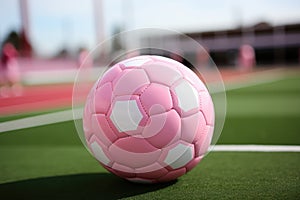 Pink soccer ball for women\'s soccer on the stadium field. Banner for match, sporting goods