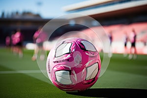 Pink soccer ball for women\'s soccer on the stadium field. Banner for match, sporting goods