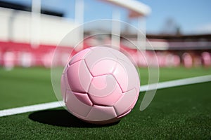 Pink soccer ball for women\'s soccer on the stadium field. Banner for match, sporting goods