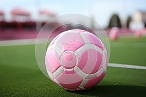 Pink soccer ball for women\'s soccer on the stadium field. Banner for match, sporting goods